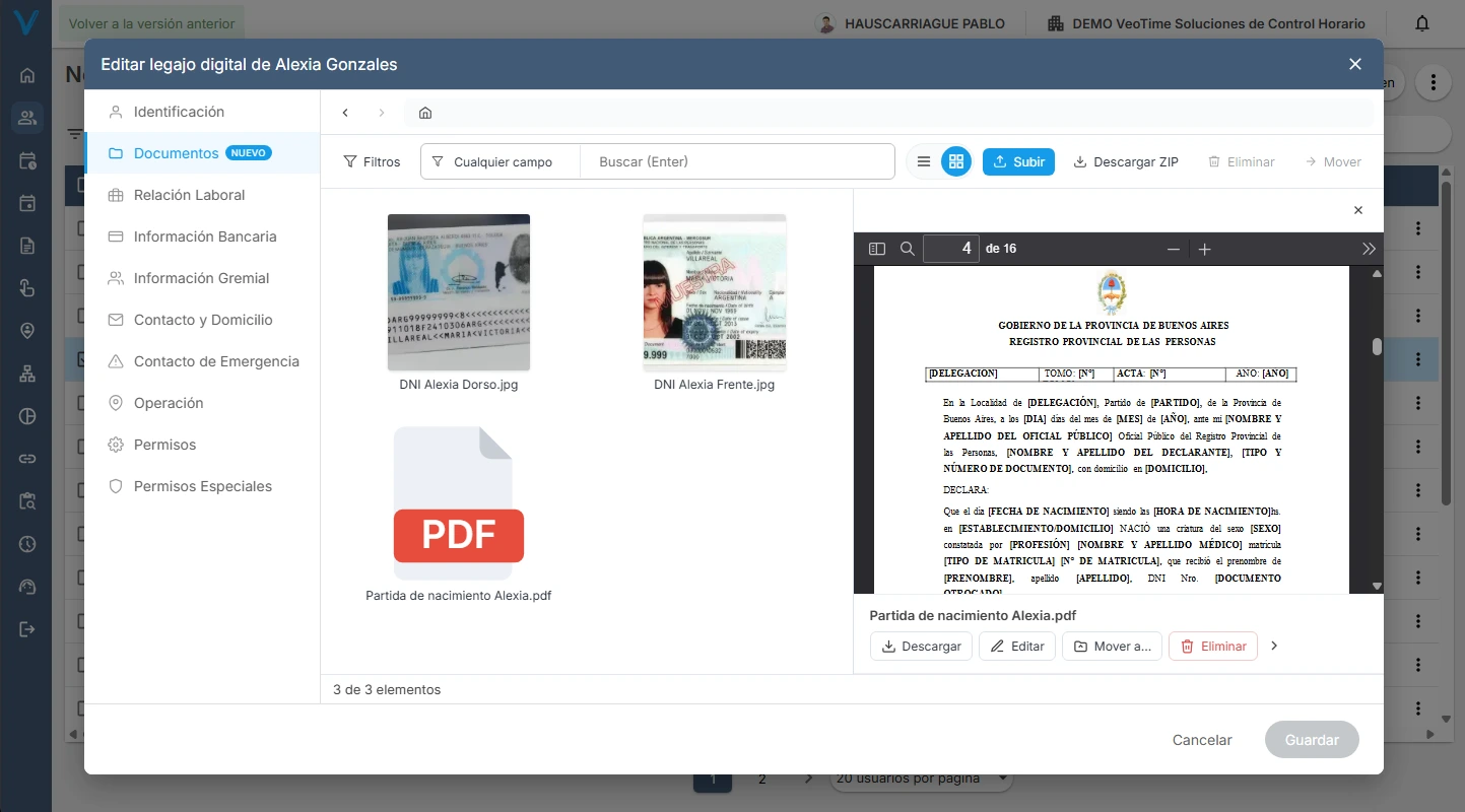 Legajo digital del colaborador con su documentación organizada en carpetas.