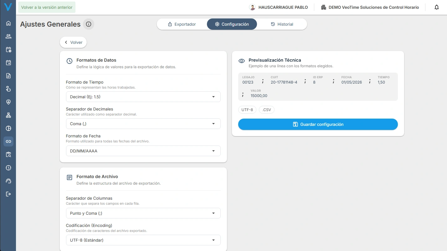 Configuración de ajustes y formatos del ERP para la exportación.