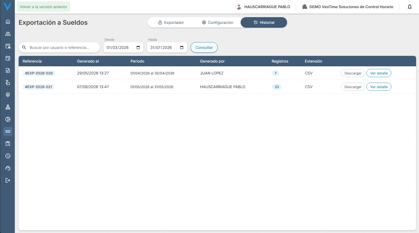 Historial de exportaciones a sueldos con su detalle.