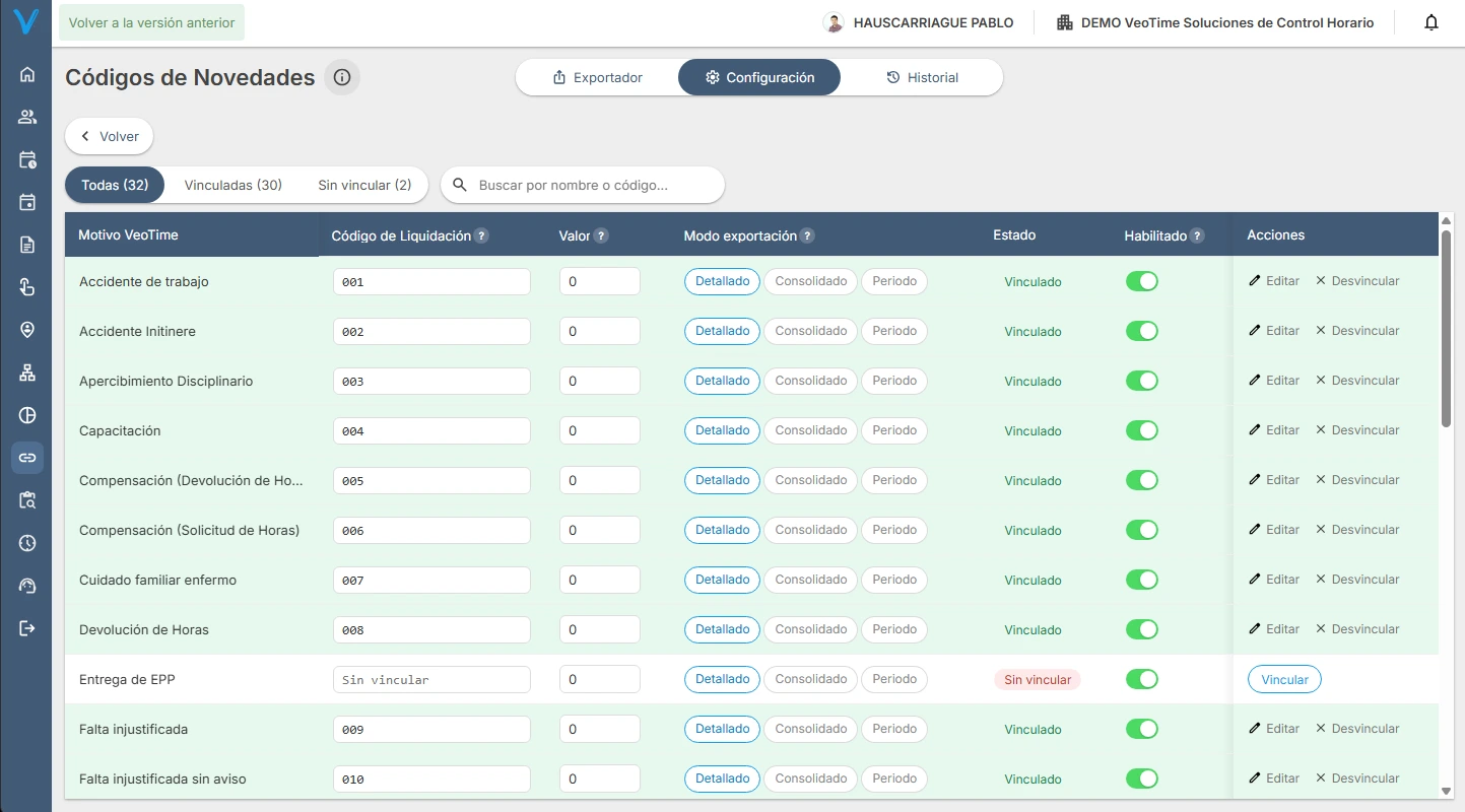 Mapeo de novedades y conceptos hacia los códigos del ERP.