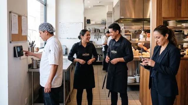 Equipo de un restaurante fichando al inicio del turno con VeoTime