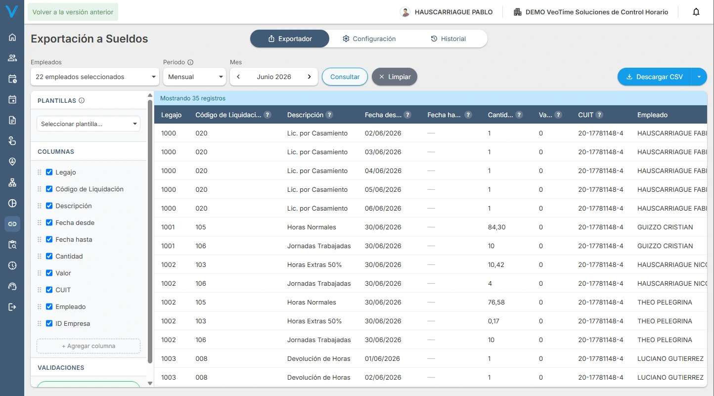 Pantalla de Exportación a Sueldos con el listado de novedades a exportar.