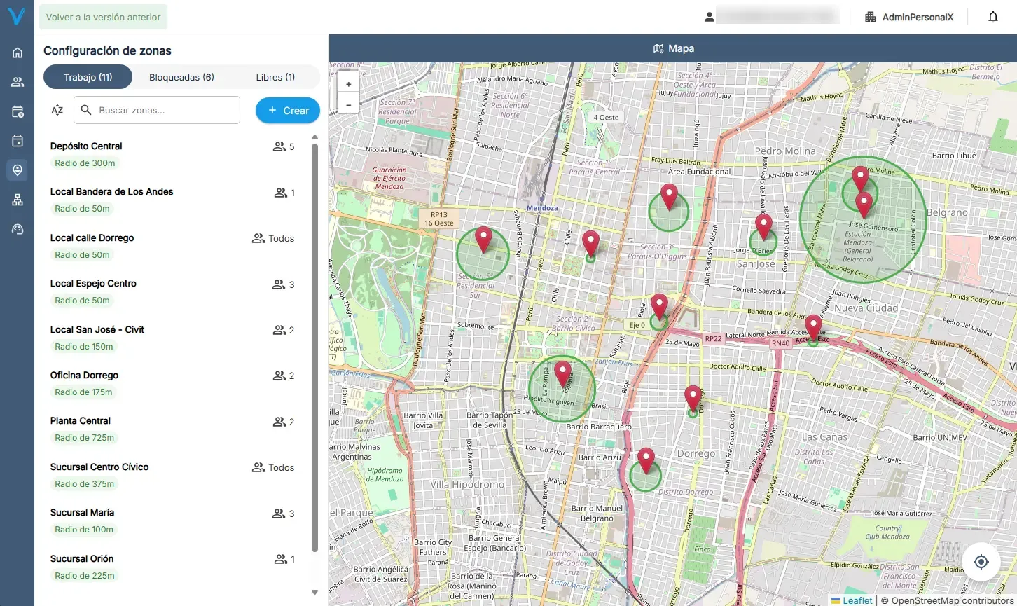 Zonas de trabajo con geocercas para varias fincas en VeoTime