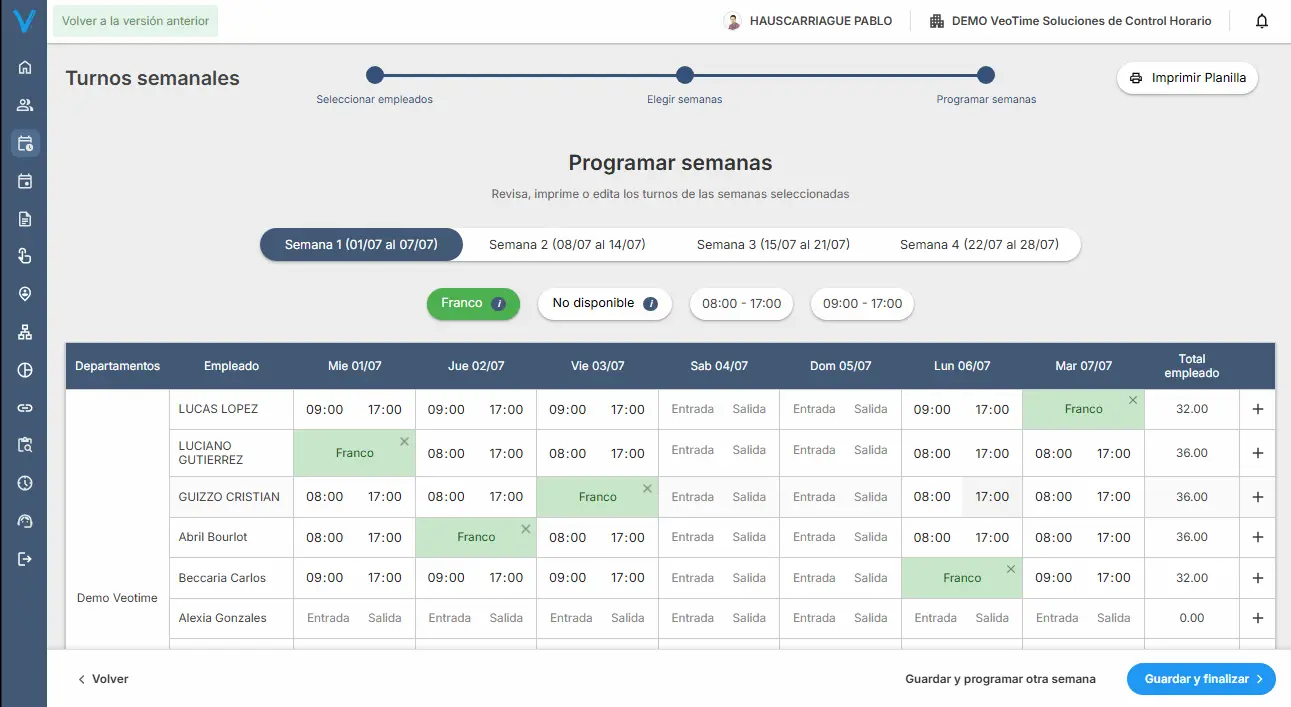 Grilla de planificación de turnos semanales para restaurante en VeoTime