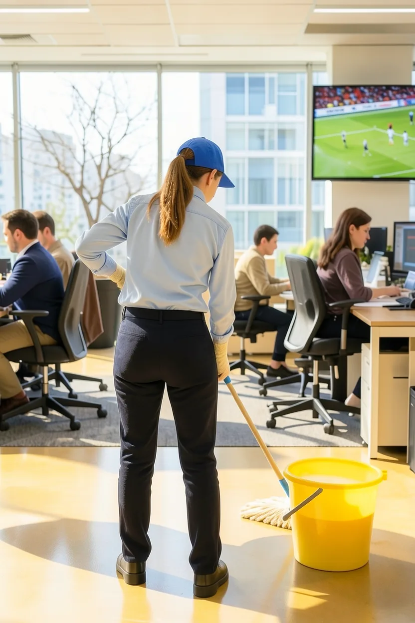 Operaria de limpieza trabajando en la oficina de un cliente, con su asistencia registrada en VeoTime