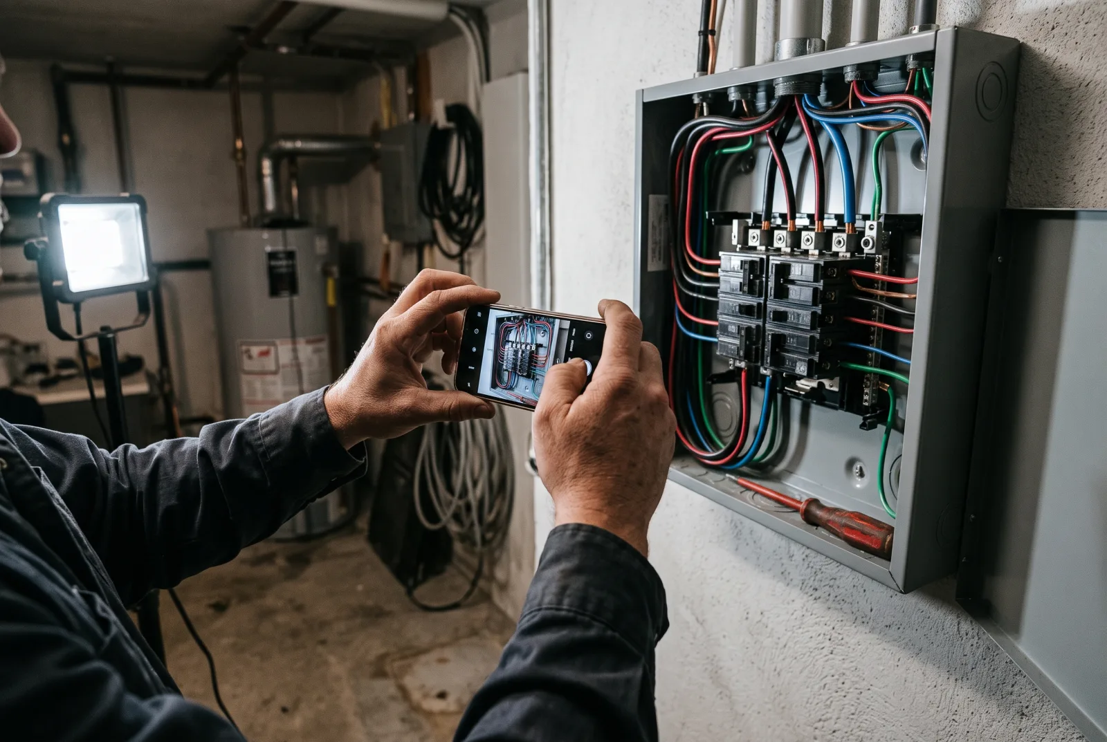 Técnico fotografiando desde la app el tablero eléctrico terminado, con timestamp y coordenadas GPS automáticas